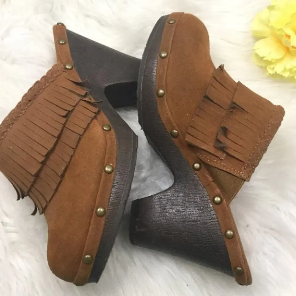 ROUTE 66 Casual Fringe Slip On Mules Brown Boho - Picture 6 of 13